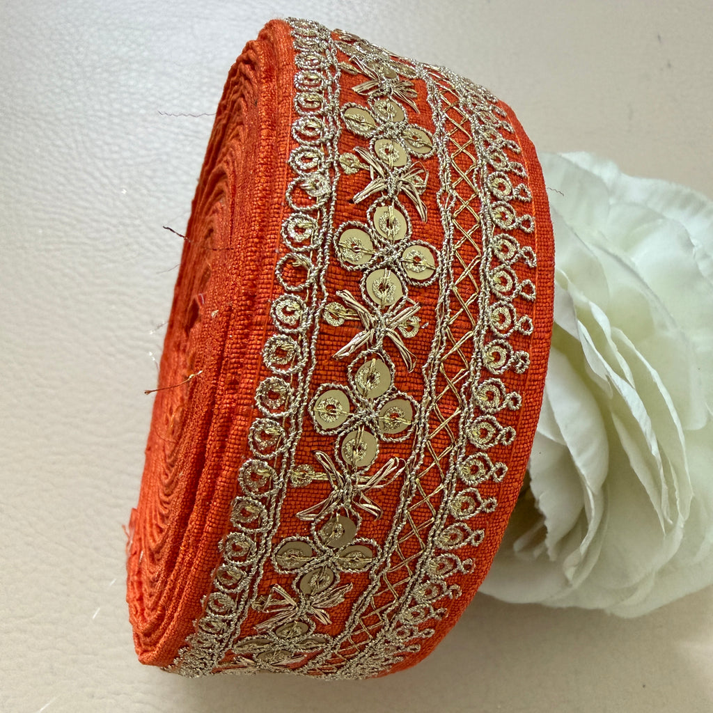 Orange & Gold Embroidered Sequin Lace Trim - 9 Yard Roll