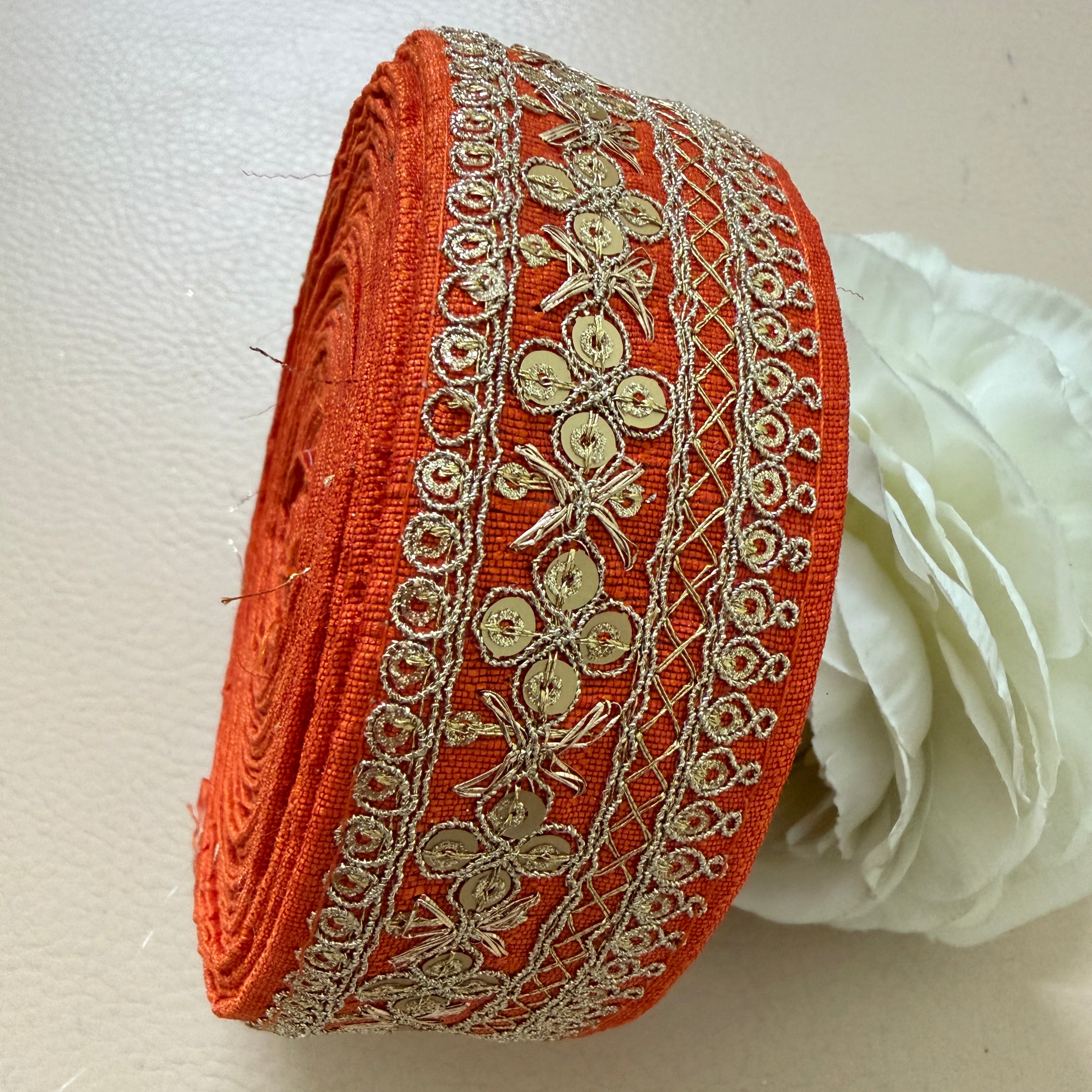 Orange & Gold Embroidered Sequin Lace Trim - 9 Yard Roll