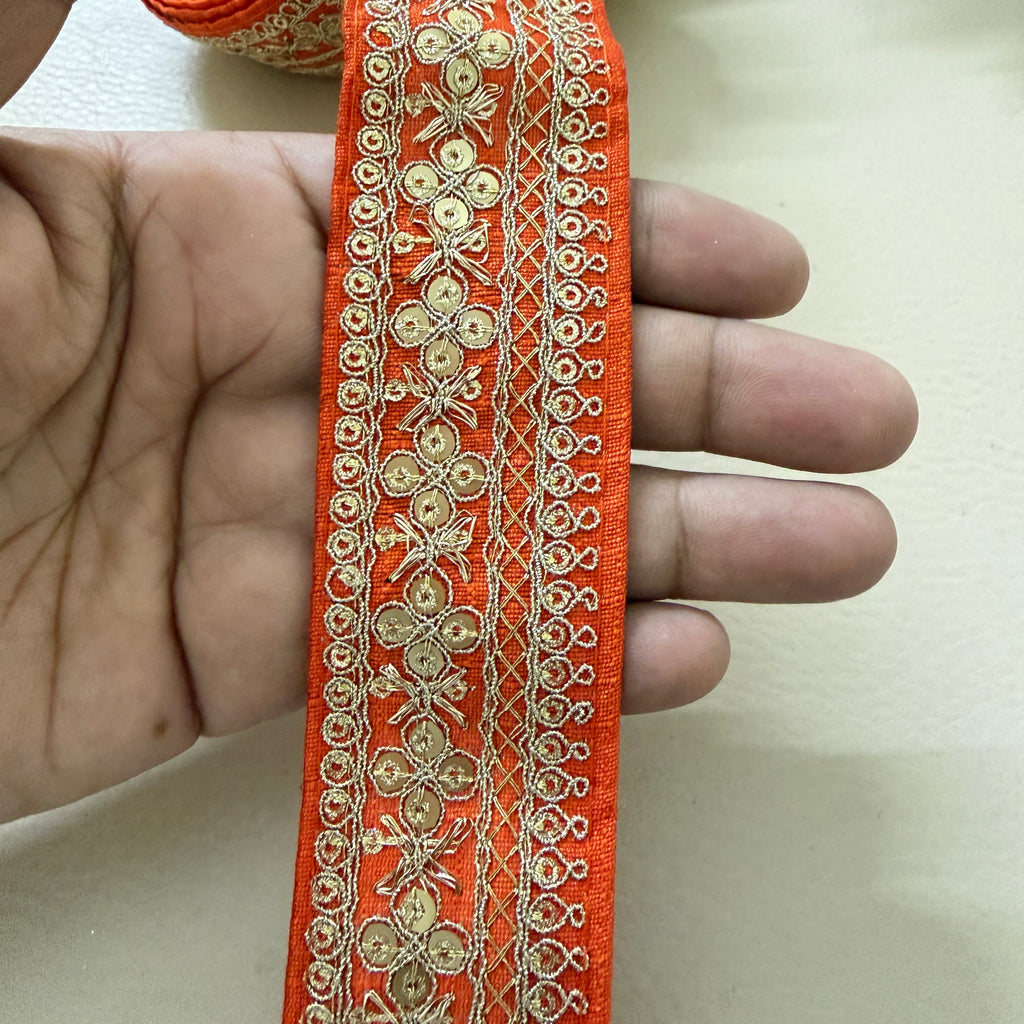 Orange & Gold Embroidered Sequin Lace Trim - 9 Yard Roll