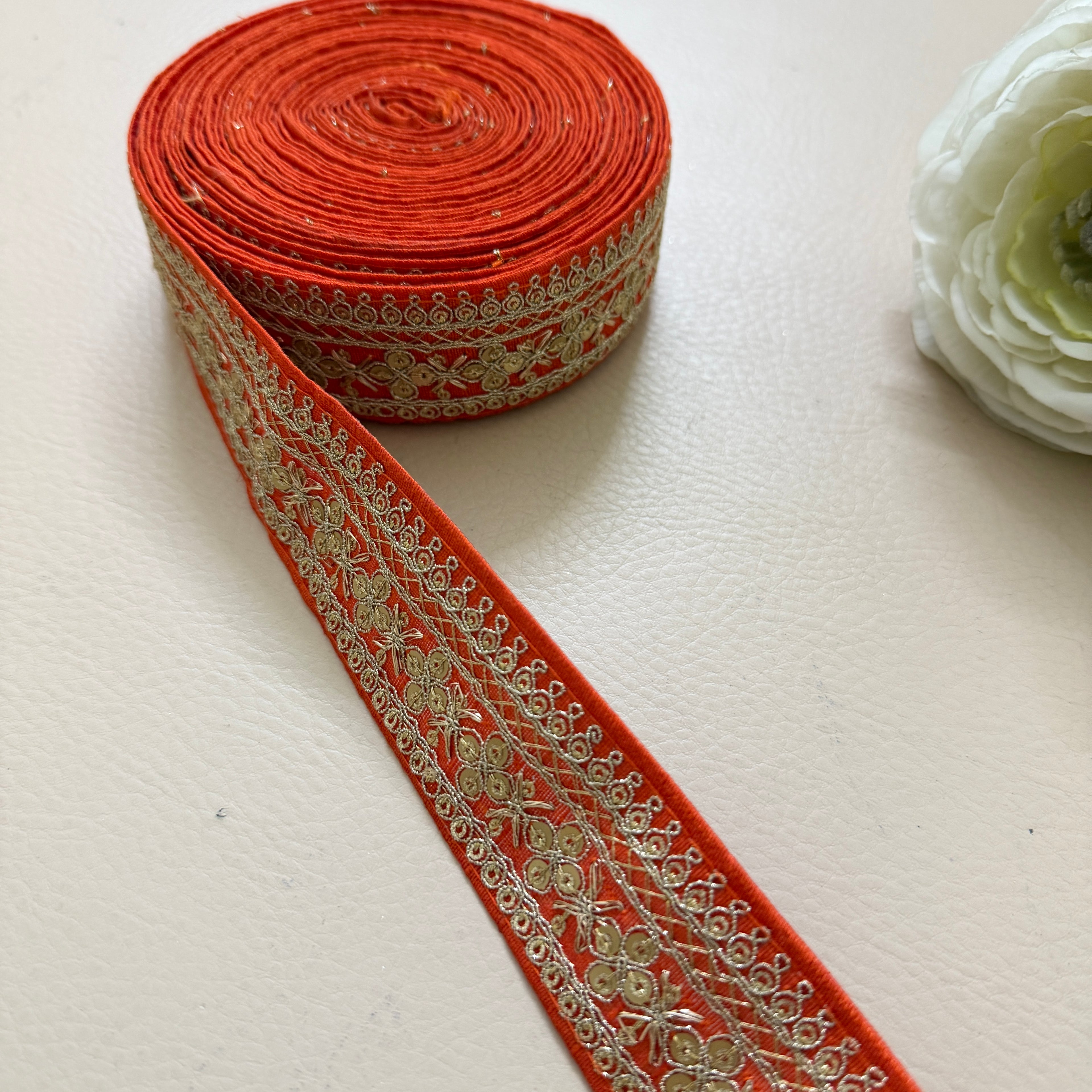 Orange & Gold Embroidered Sequin Lace Trim - 9 Yard Roll