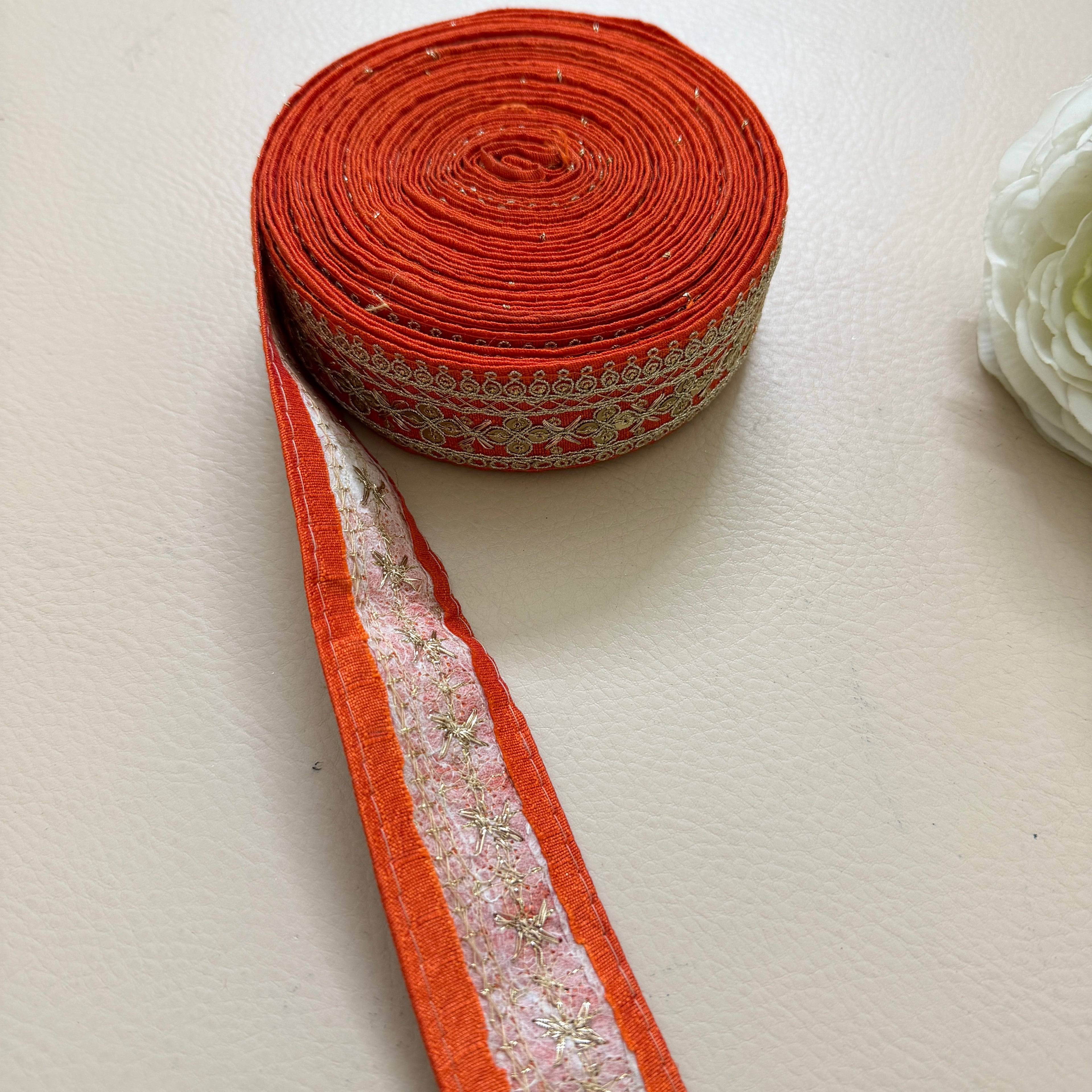 Orange & Gold Embroidered Sequin Lace Trim - 9 Yard Roll