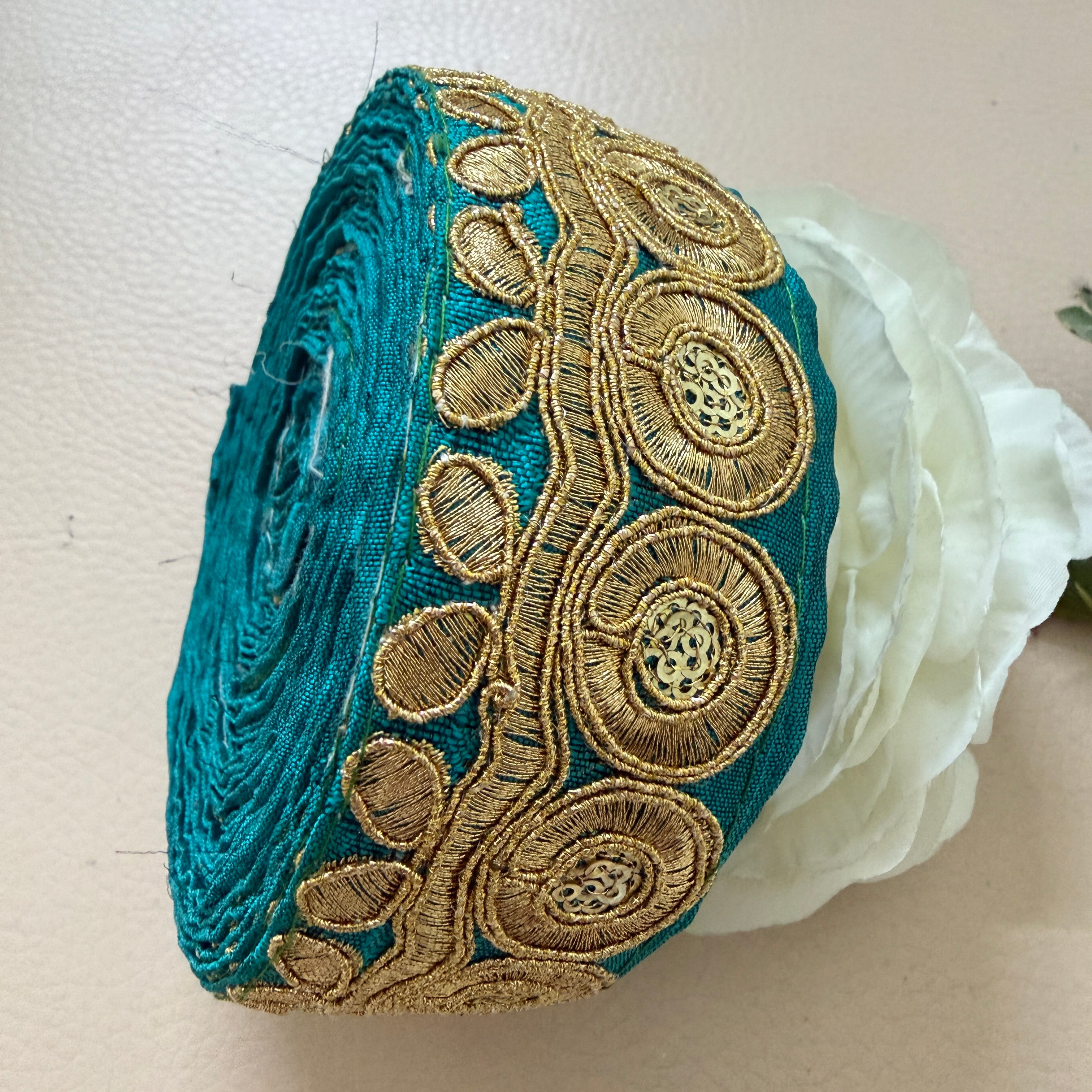 Deep Teal & Gold Zari Embroidered Trim Lace Border - 9 Yard Roll