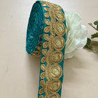 Deep Teal & Gold Zari Embroidered Trim Lace Border - 9 Yard Roll