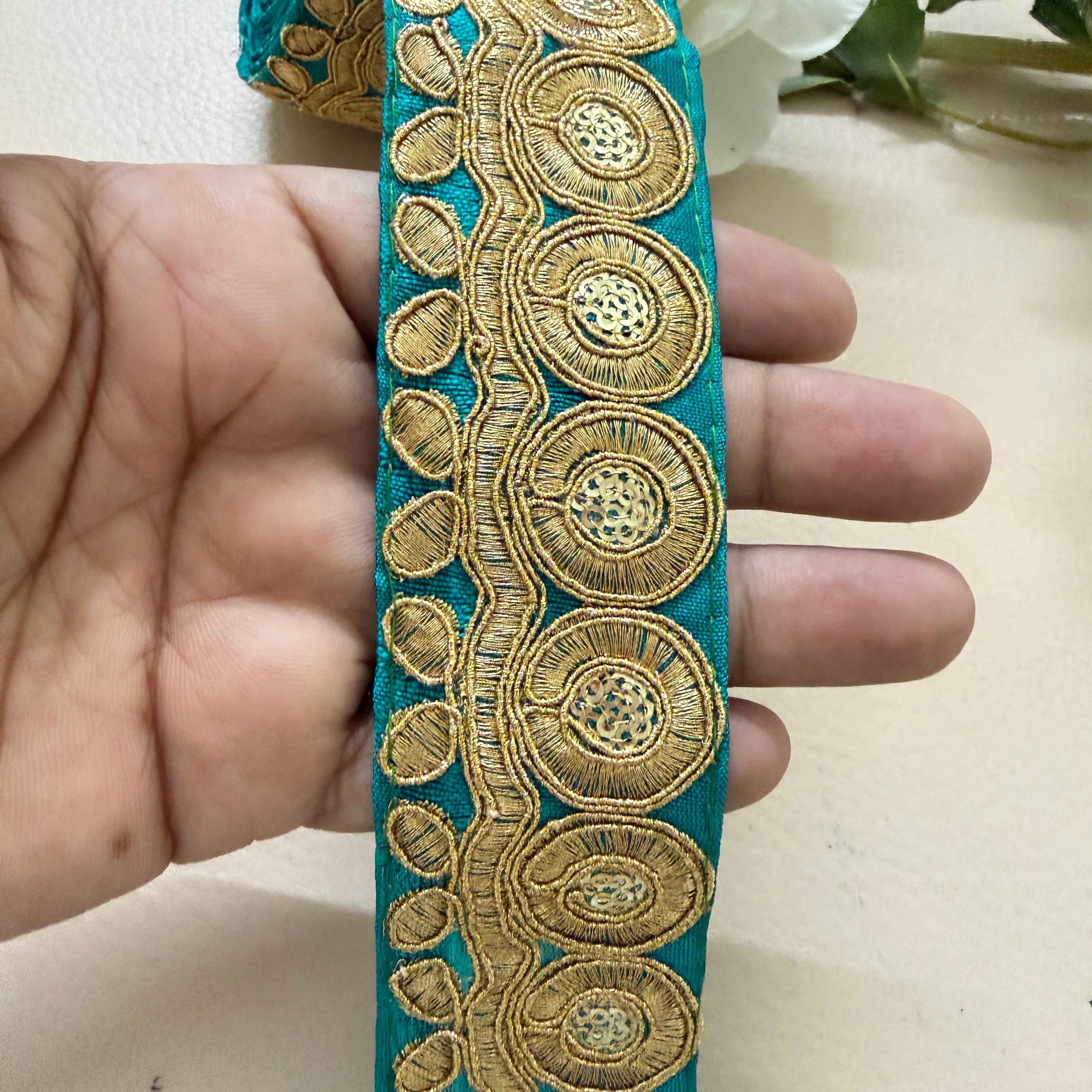 Deep Teal & Gold Zari Embroidered Trim Lace Border - 9 Yard Roll