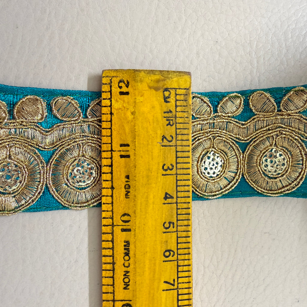 Deep Teal & Gold Zari Embroidered Trim Lace Border - 9 Yard Roll