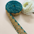 Deep Teal & Gold Zari Embroidered Trim Lace Border - 9 Yard Roll