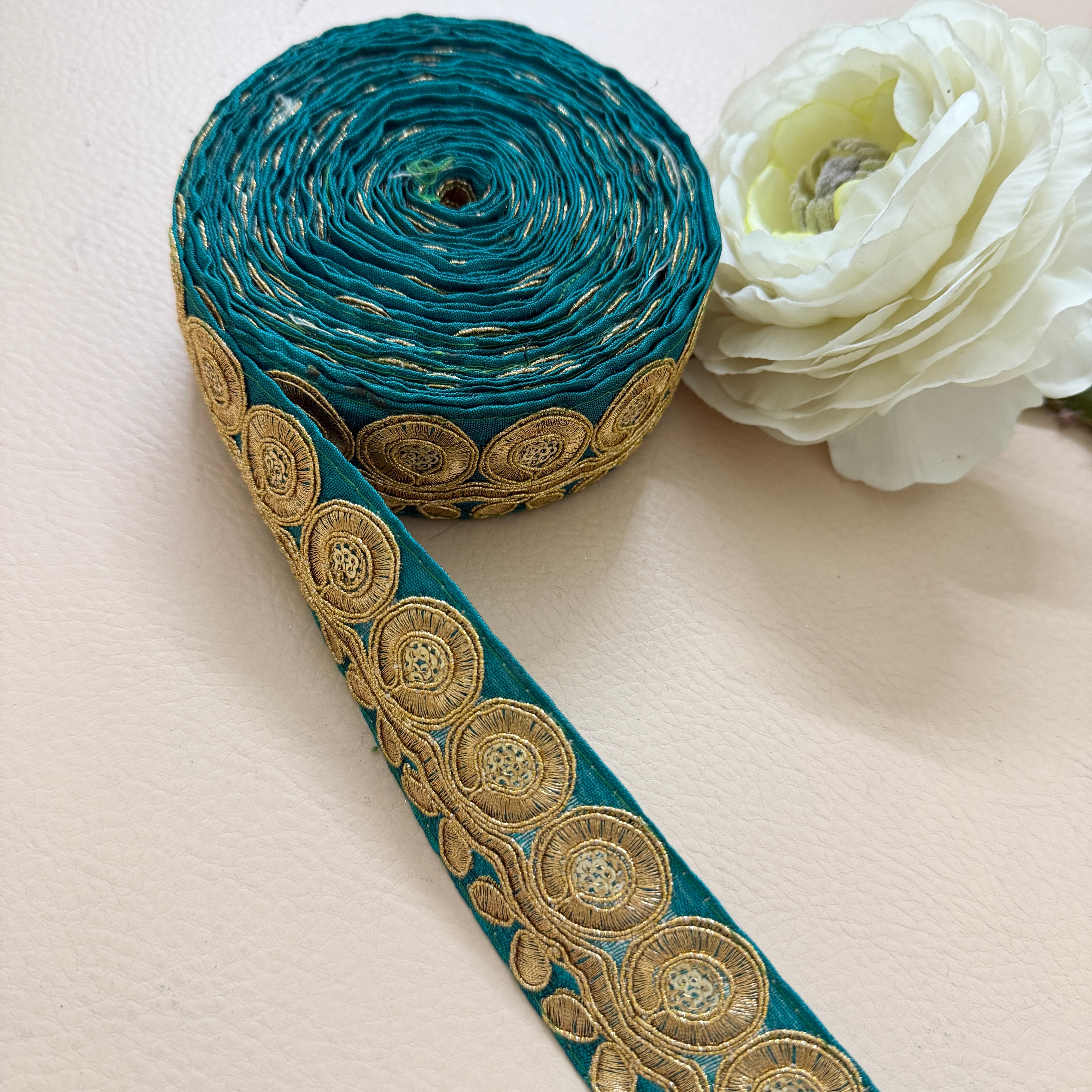Deep Teal & Gold Zari Embroidered Trim Lace Border - 9 Yard Roll