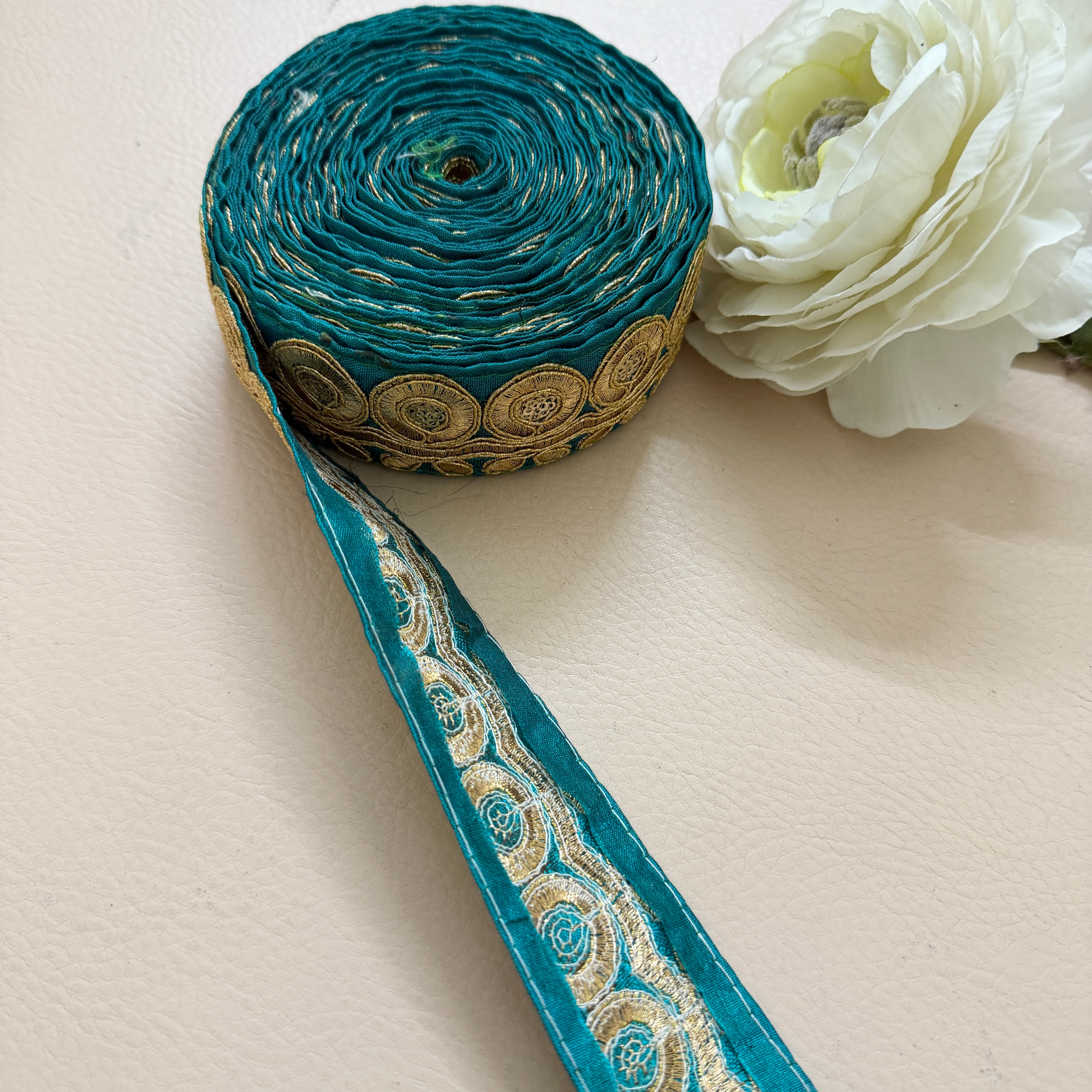 Deep Teal & Gold Zari Embroidered Trim Lace Border - 9 Yard Roll
