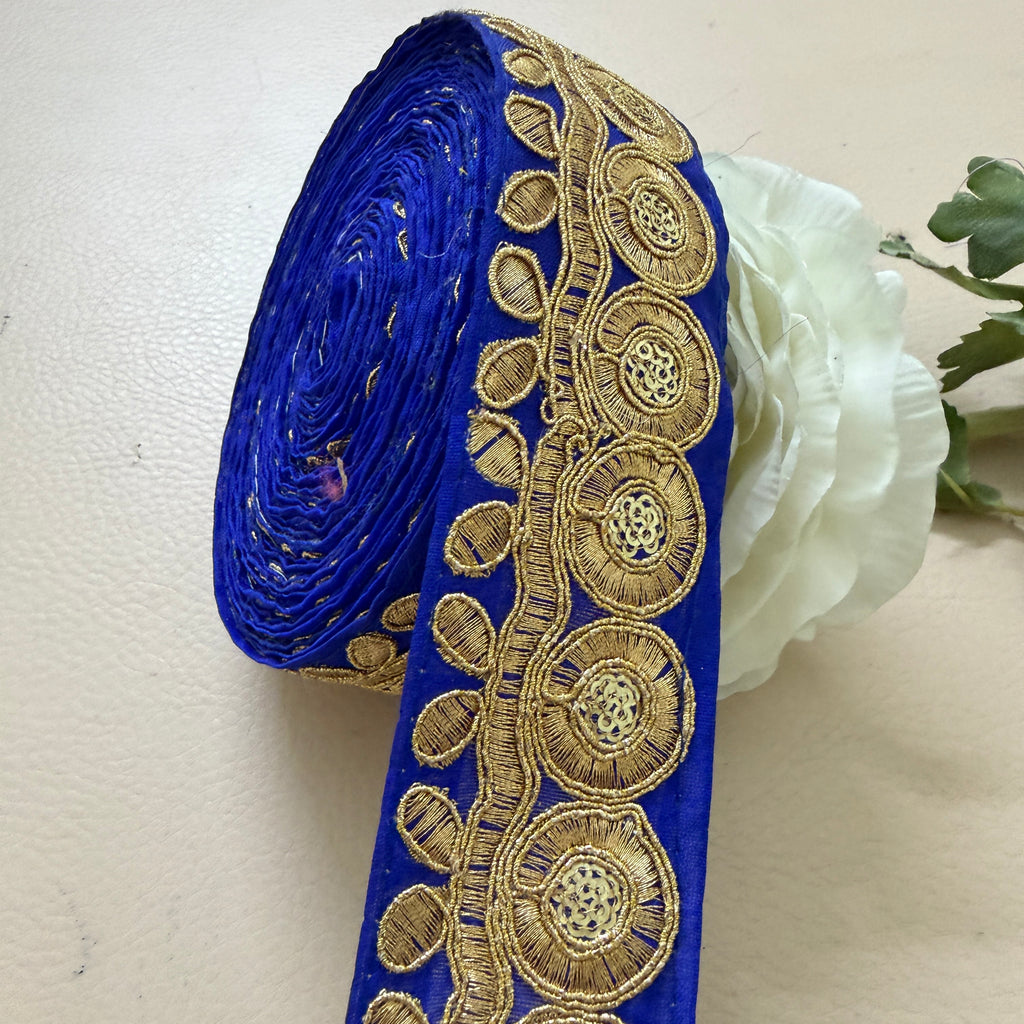 Royal Blue & Gold Zari Medallion Embroidered Trim - 9 Yard Roll