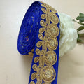 Royal Blue & Gold Zari Medallion Embroidered Trim - 9 Yard Roll