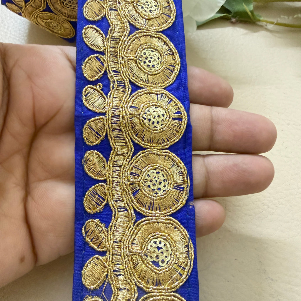 Royal Blue & Gold Zari Medallion Embroidered Trim - 9 Yard Roll