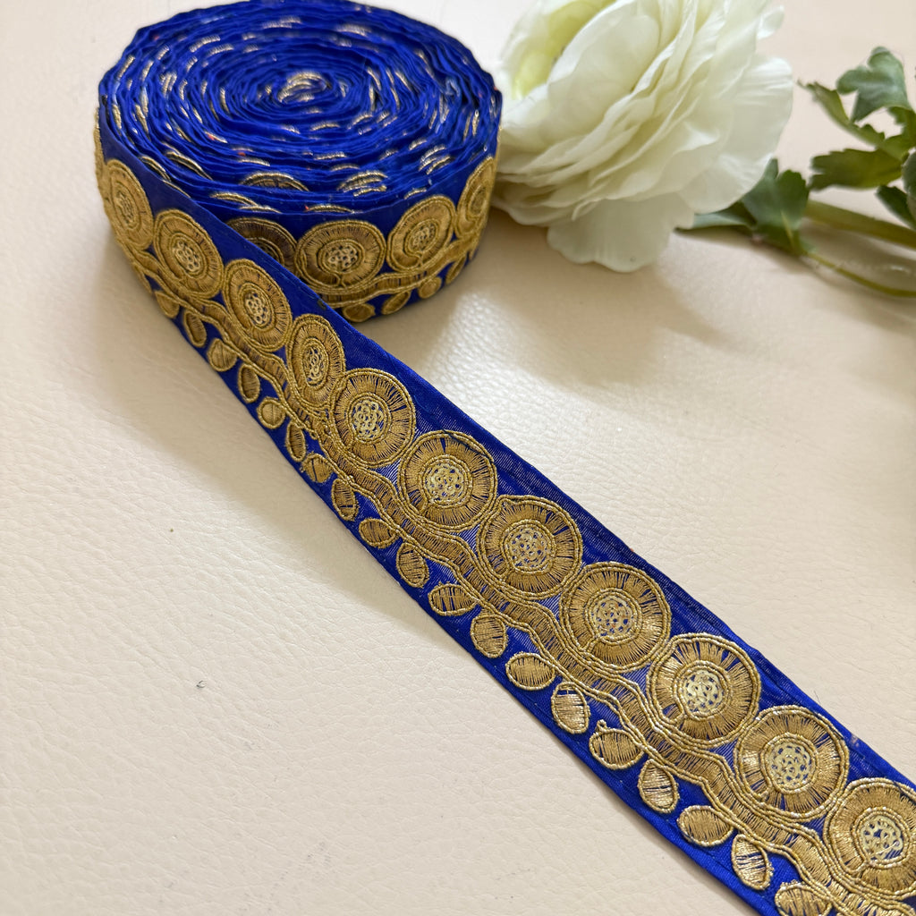 Royal Blue & Gold Zari Medallion Embroidered Trim - 9 Yard Roll