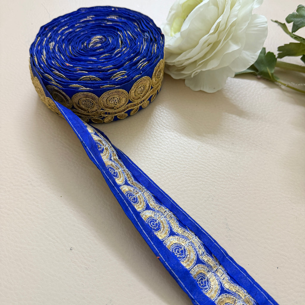Royal Blue & Gold Zari Medallion Embroidered Trim - 9 Yard Roll