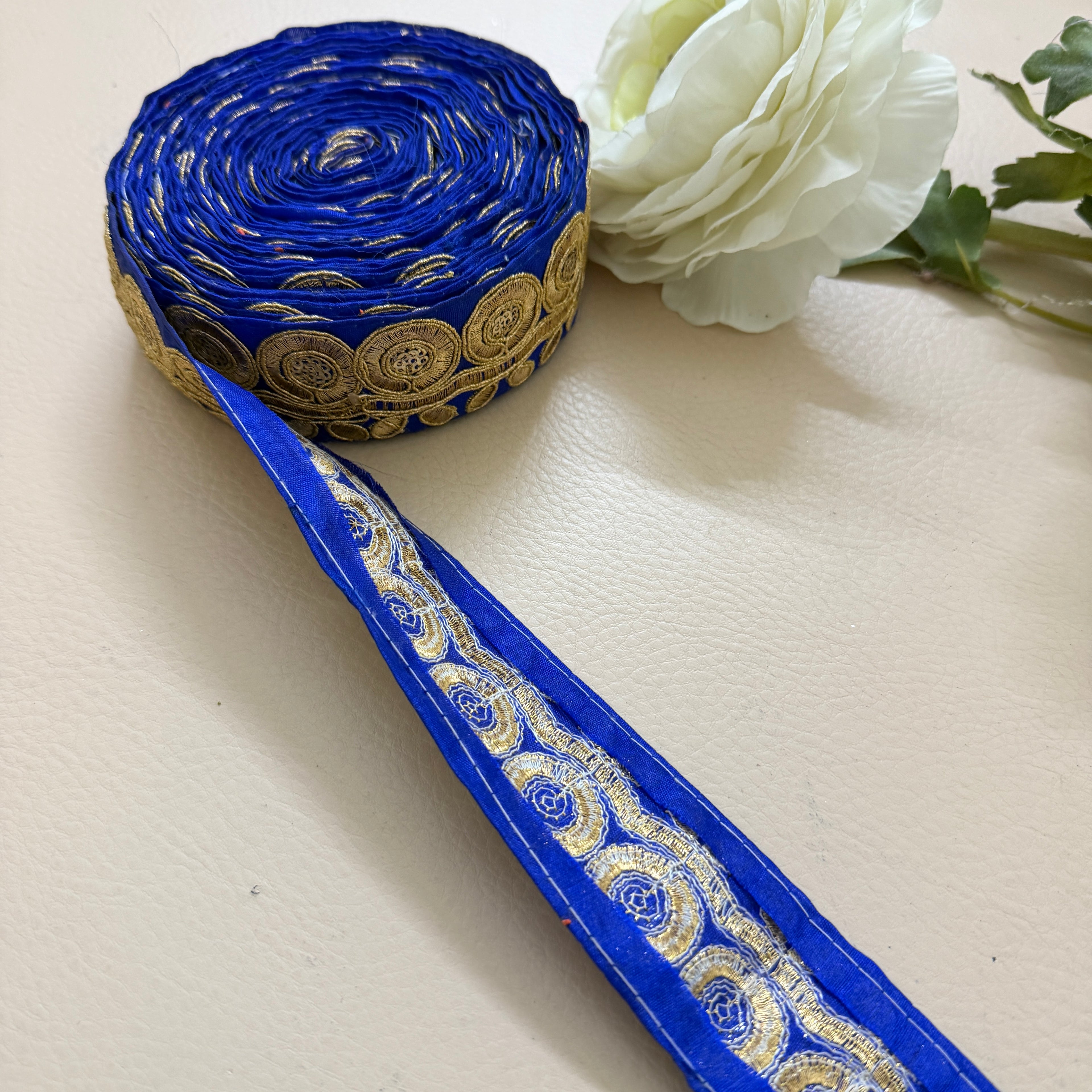 Royal Blue & Gold Zari Medallion Embroidered Trim - 9 Yard Roll