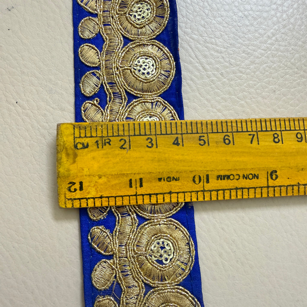 Royal Blue & Gold Zari Medallion Embroidered Trim - 9 Yard Roll