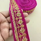 Rani Pink Velvet Gold Zari Floral Lace Trim – 9 Yards Roll