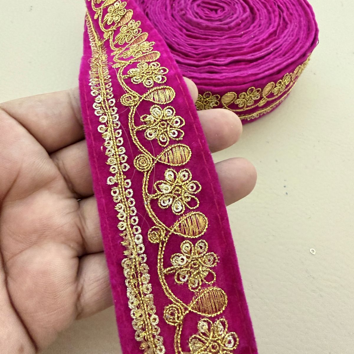 Rani Pink Velvet Gold Zari Floral Lace Trim – 9 Yards Roll