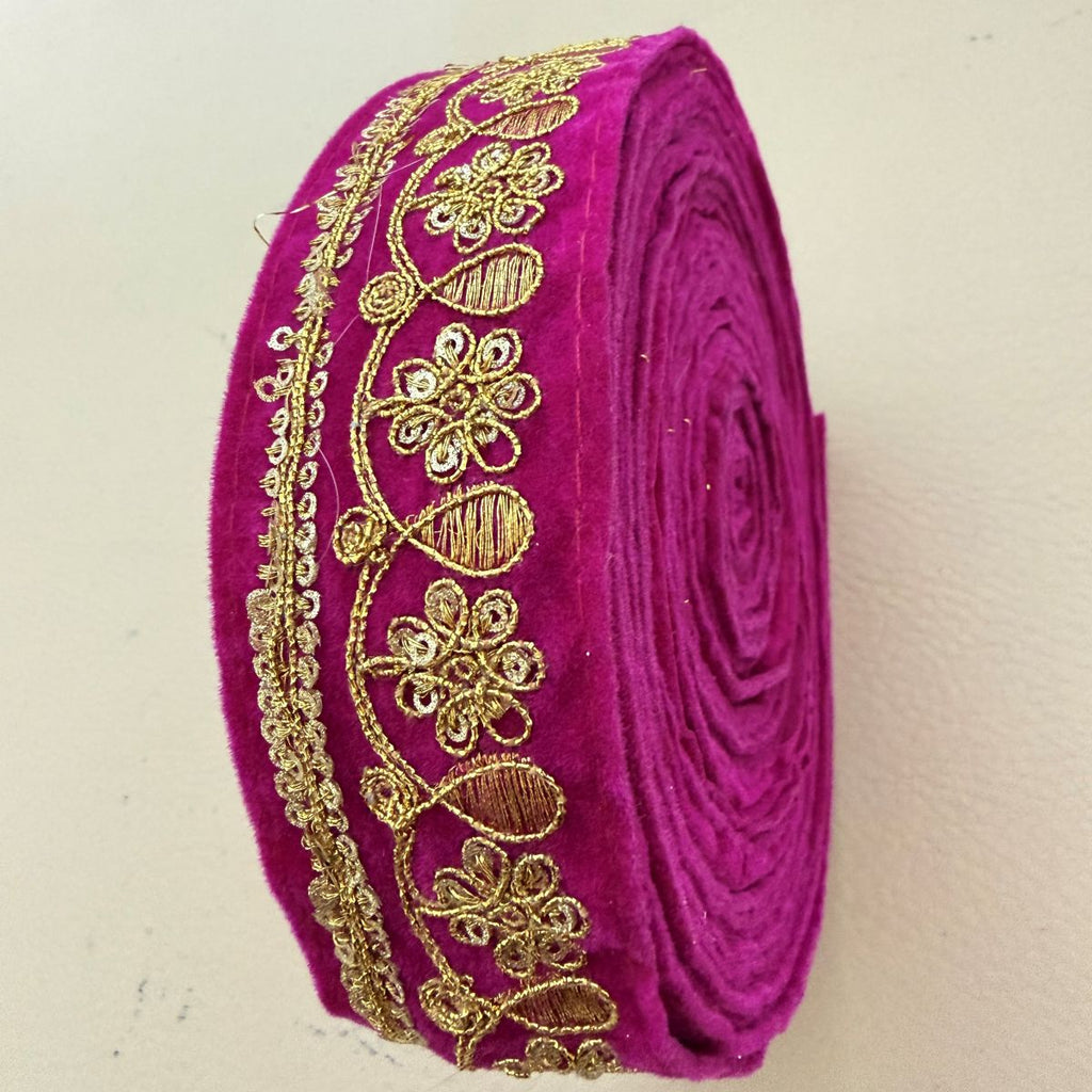 Rani Pink Velvet Gold Zari Floral Lace Trim – 9 Yards Roll