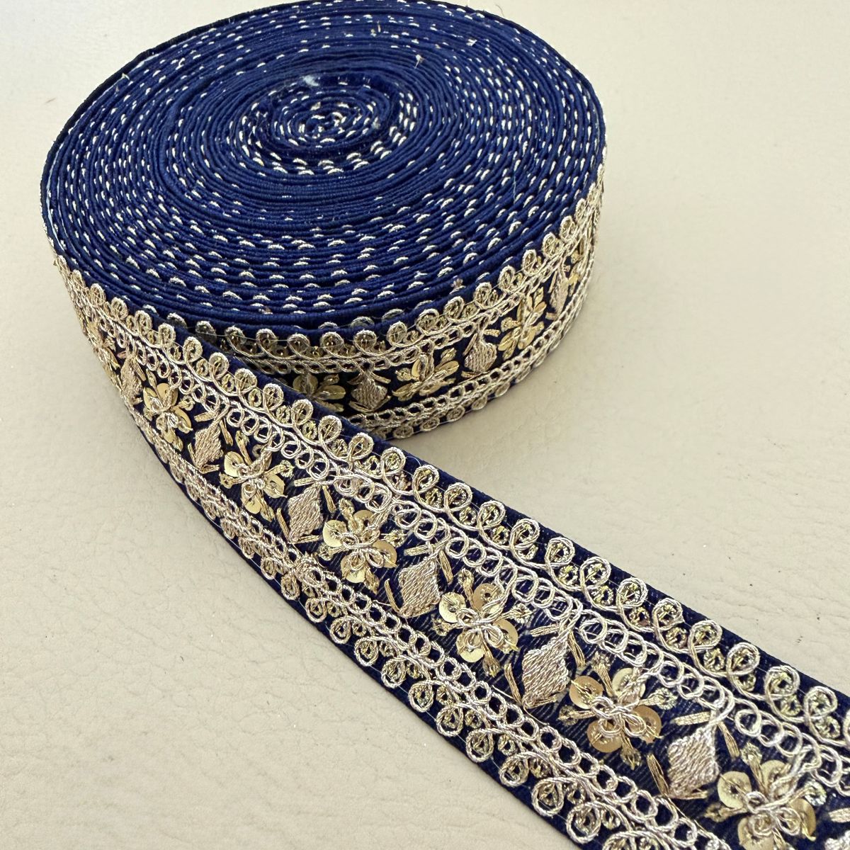 Navy Blue Gold Zari Floral Embroidered Lace Trim | Sold by the Yard