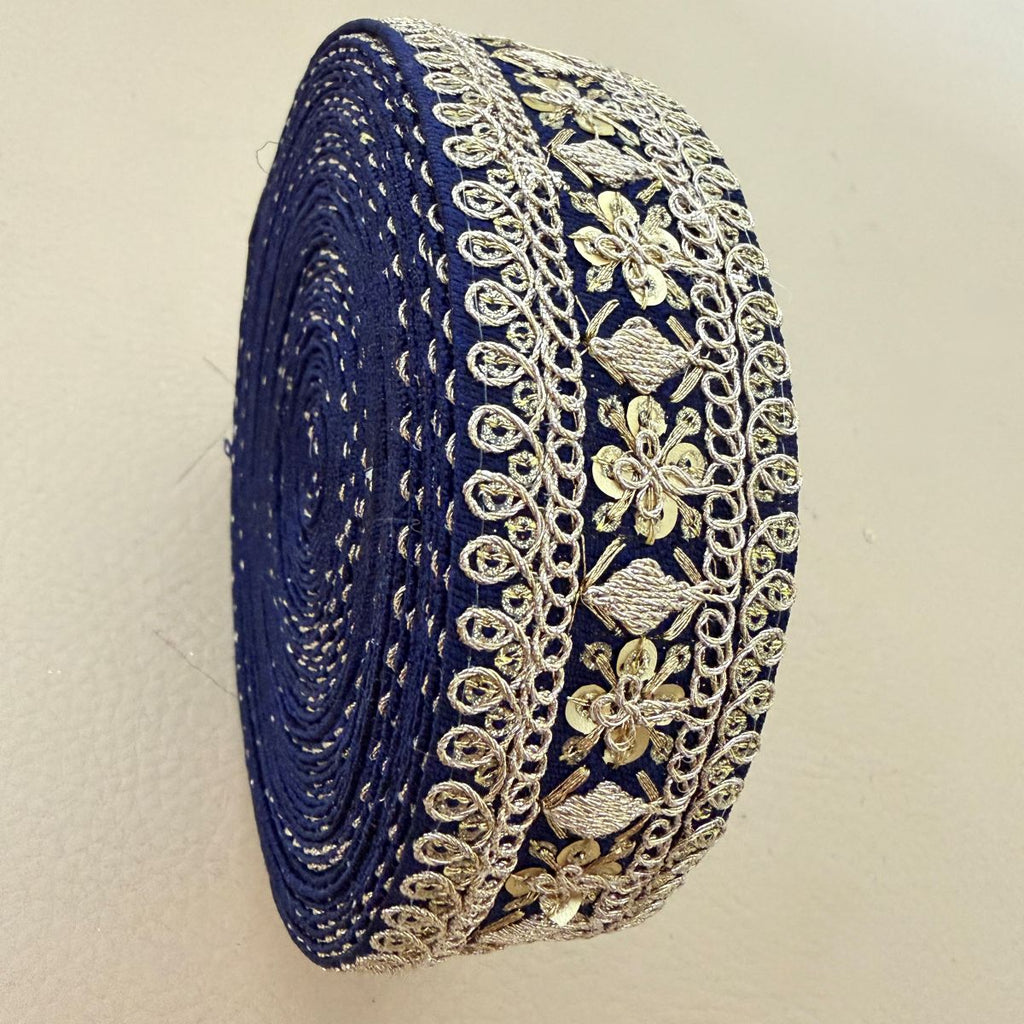 Navy Blue Gold Zari Floral Embroidered Lace Trim | Sold by the Yard