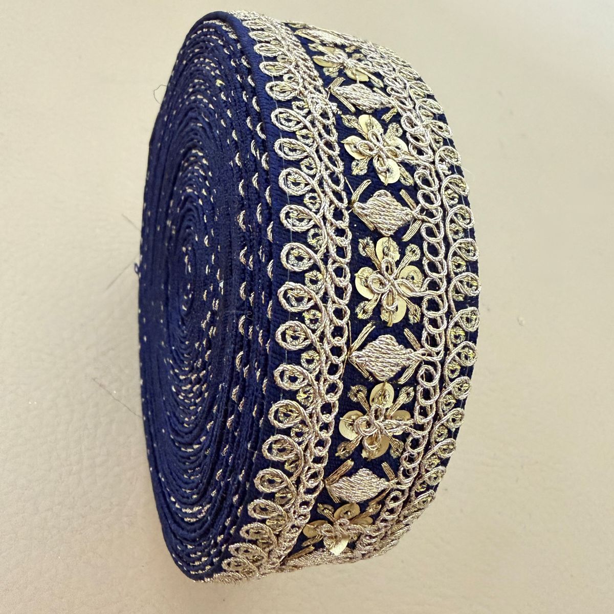 Navy Blue Gold Zari Floral Embroidered Lace Trim | Sold by the Yard