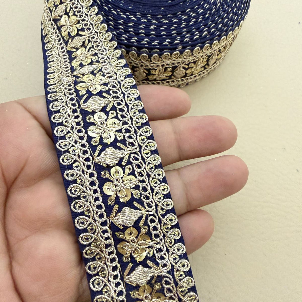 Navy Blue Gold Zari Floral Embroidered Lace Trim | Sold by the Yard