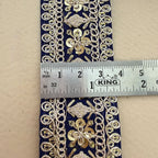 Navy Blue Gold Zari Floral Embroidered Lace Trim | Sold by the Yard