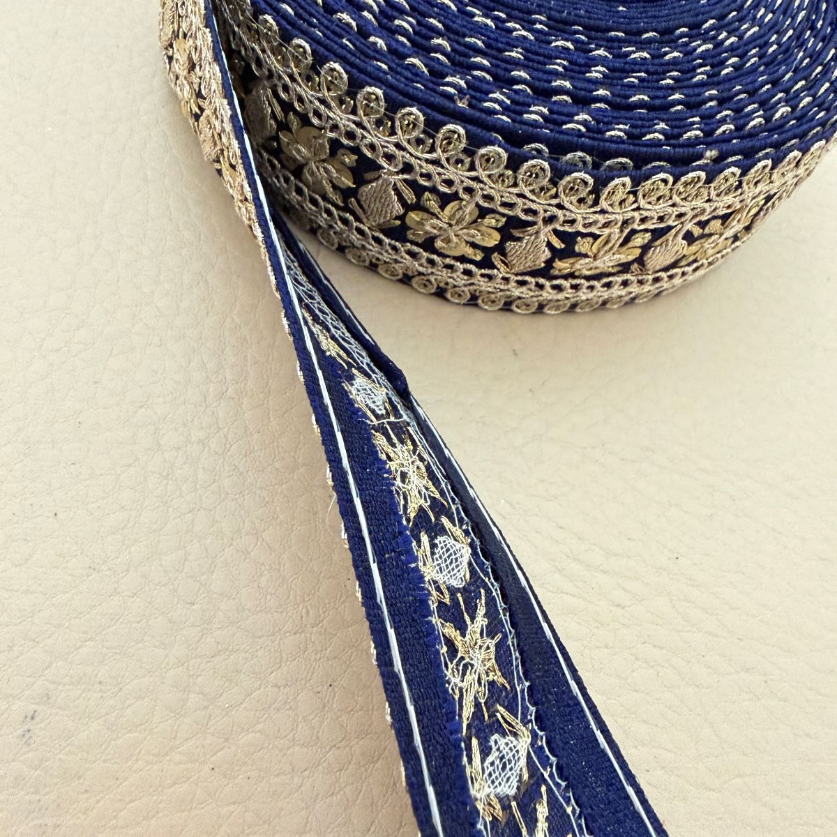 Navy Blue Gold Zari Floral Embroidered Lace Trim | Sold by the Yard