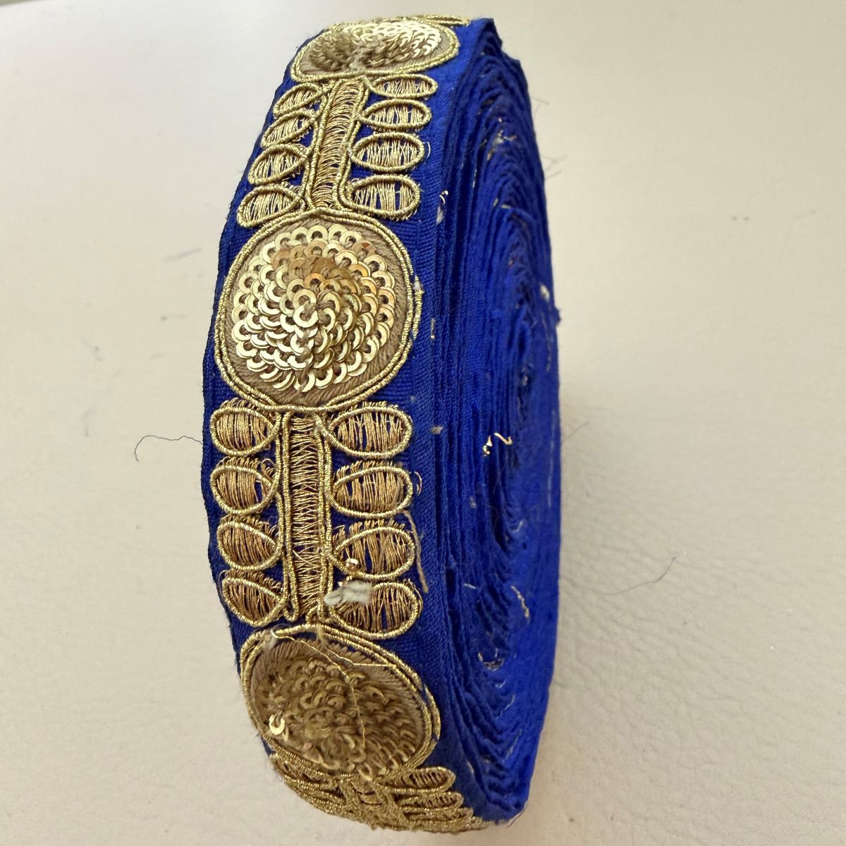 Royal Blue Gold Zari Sequin Embroidered Lace Trim | Sold by the Yard
