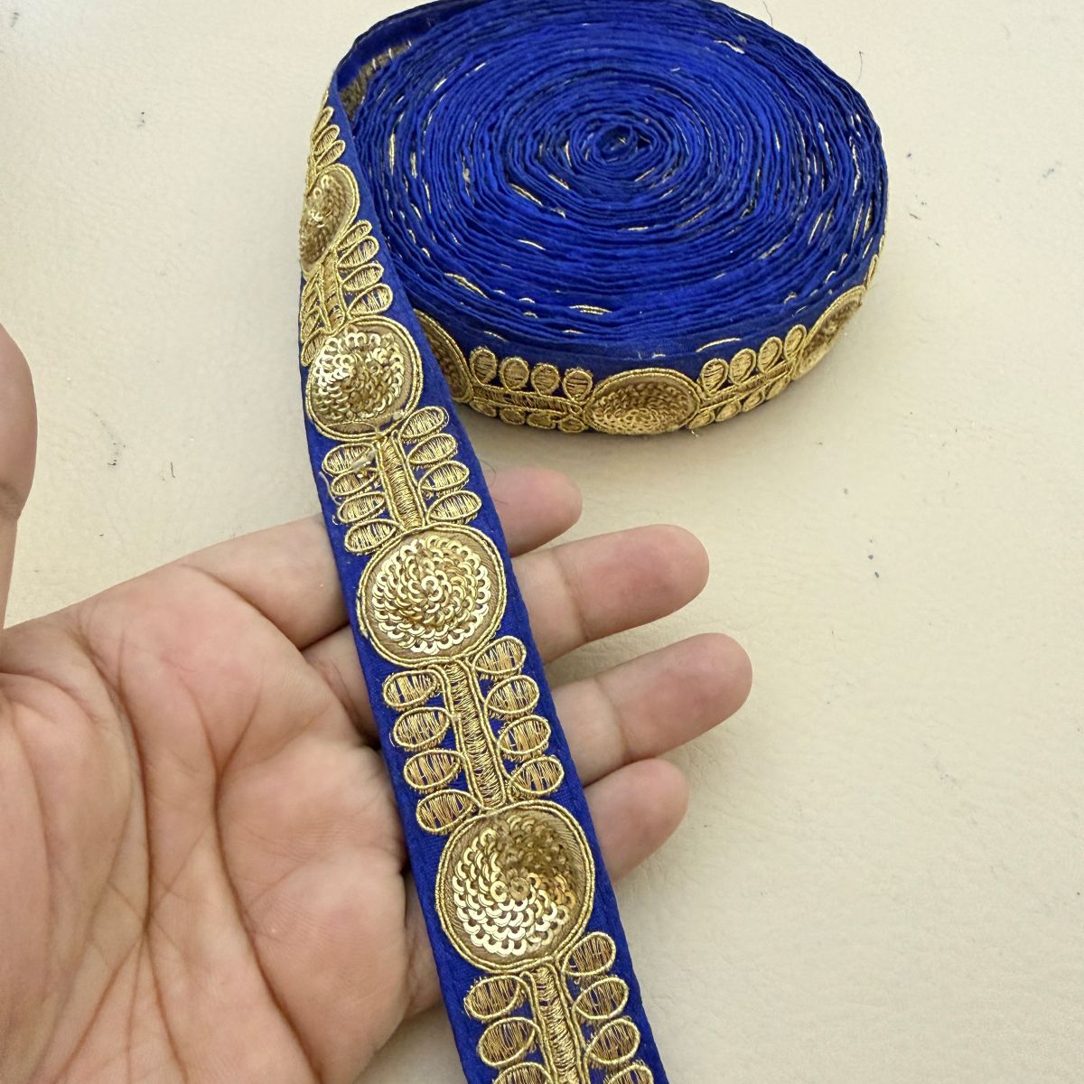 Royal Blue Gold Zari Sequin Embroidered Lace Trim | Sold by the Yard