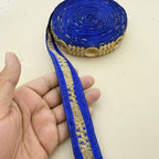 Royal Blue Gold Zari Sequin Embroidered Lace Trim | Sold by the Yard