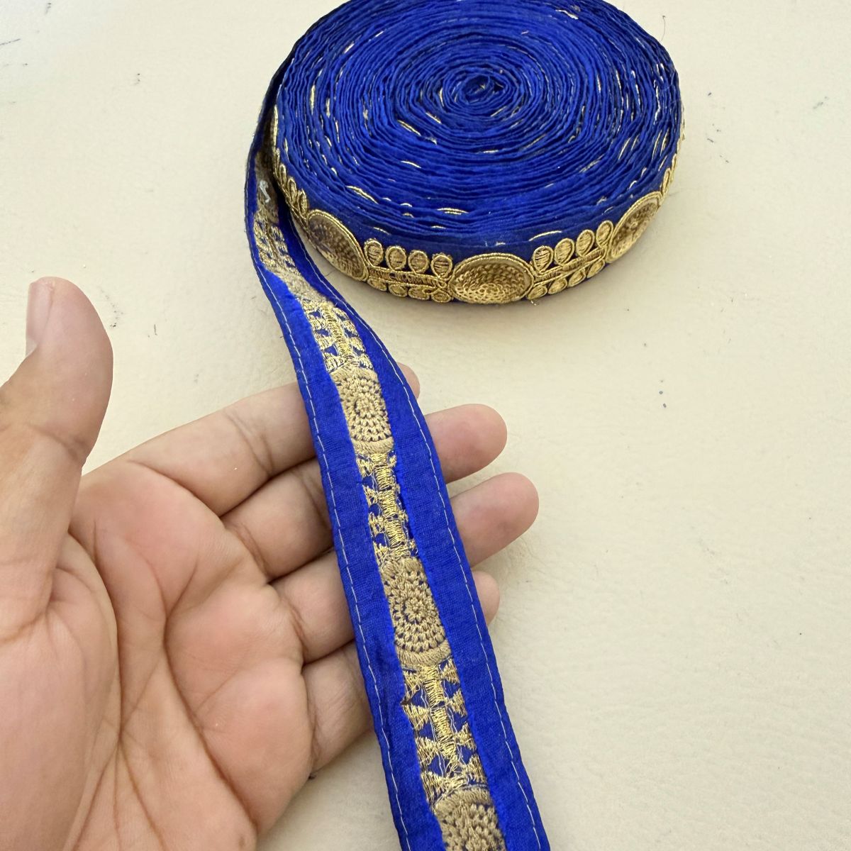 Royal Blue Gold Zari Sequin Embroidered Lace Trim | Sold by the Yard