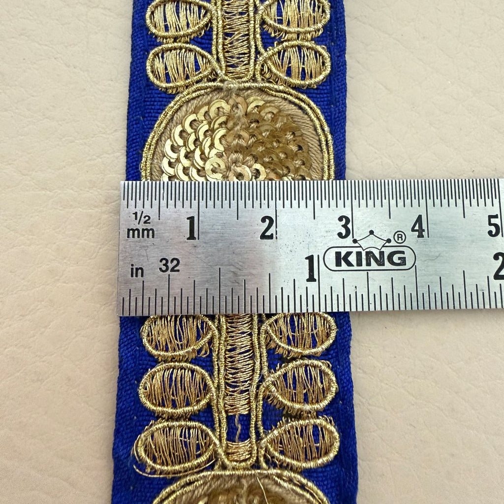 Royal Blue Gold Zari Sequin Embroidered Lace Trim | Sold by the Yard
