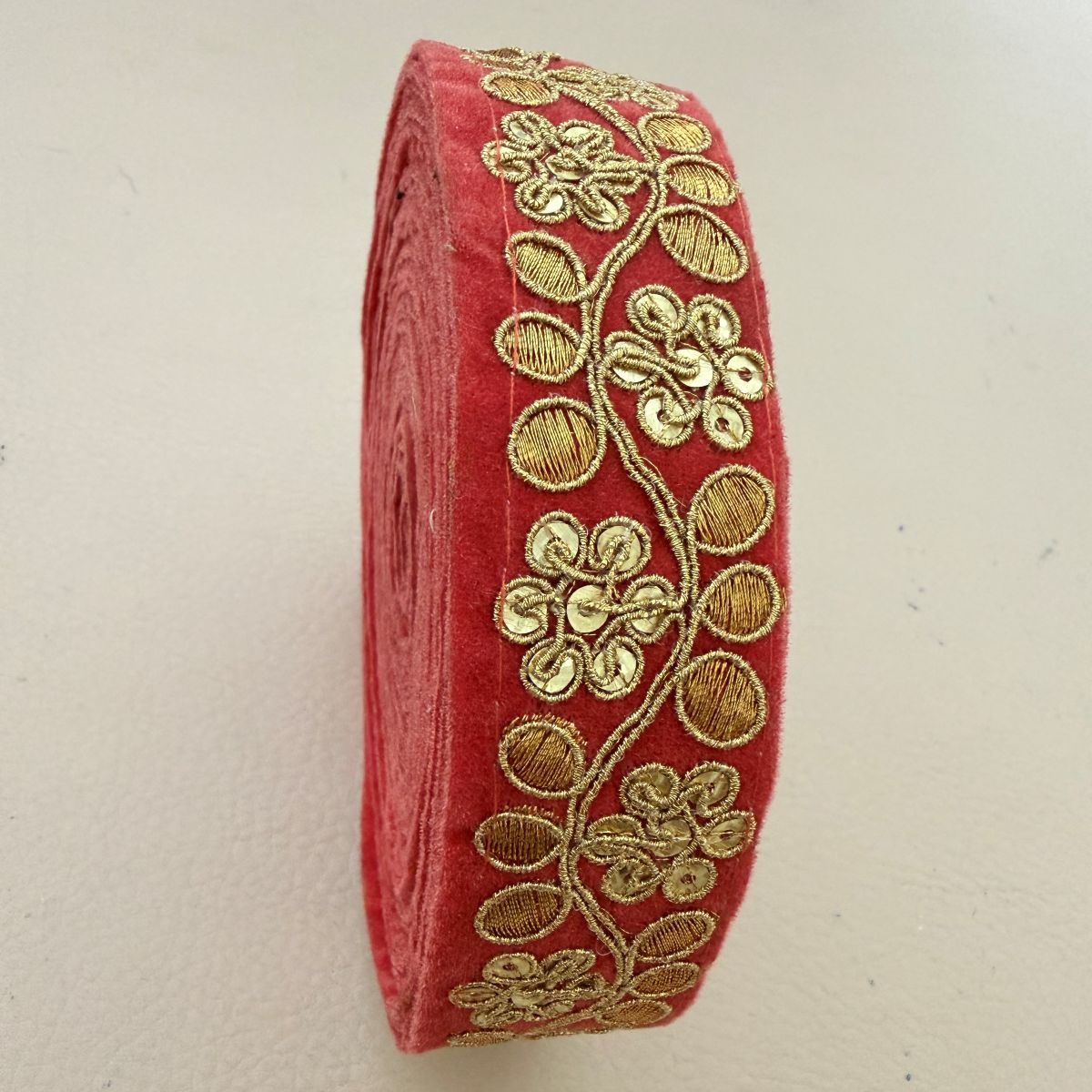 Red Velvet Gold Zari Sequin Floral Lace Trim – 9 Yards Roll