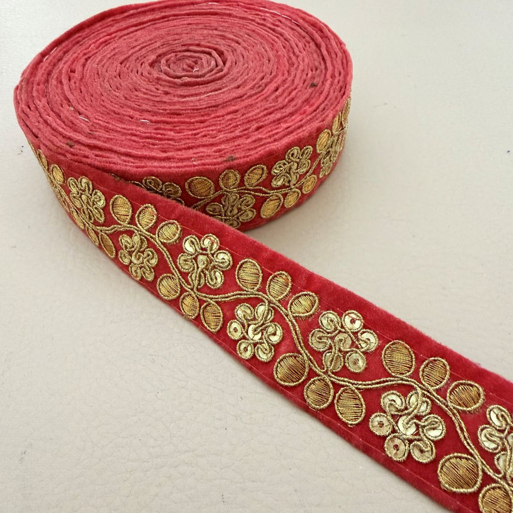 Red Velvet Gold Zari Sequin Floral Lace Trim – 9 Yards Roll