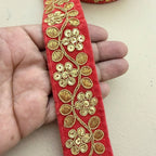Red Velvet Gold Zari Sequin Floral Lace Trim – 9 Yards Roll