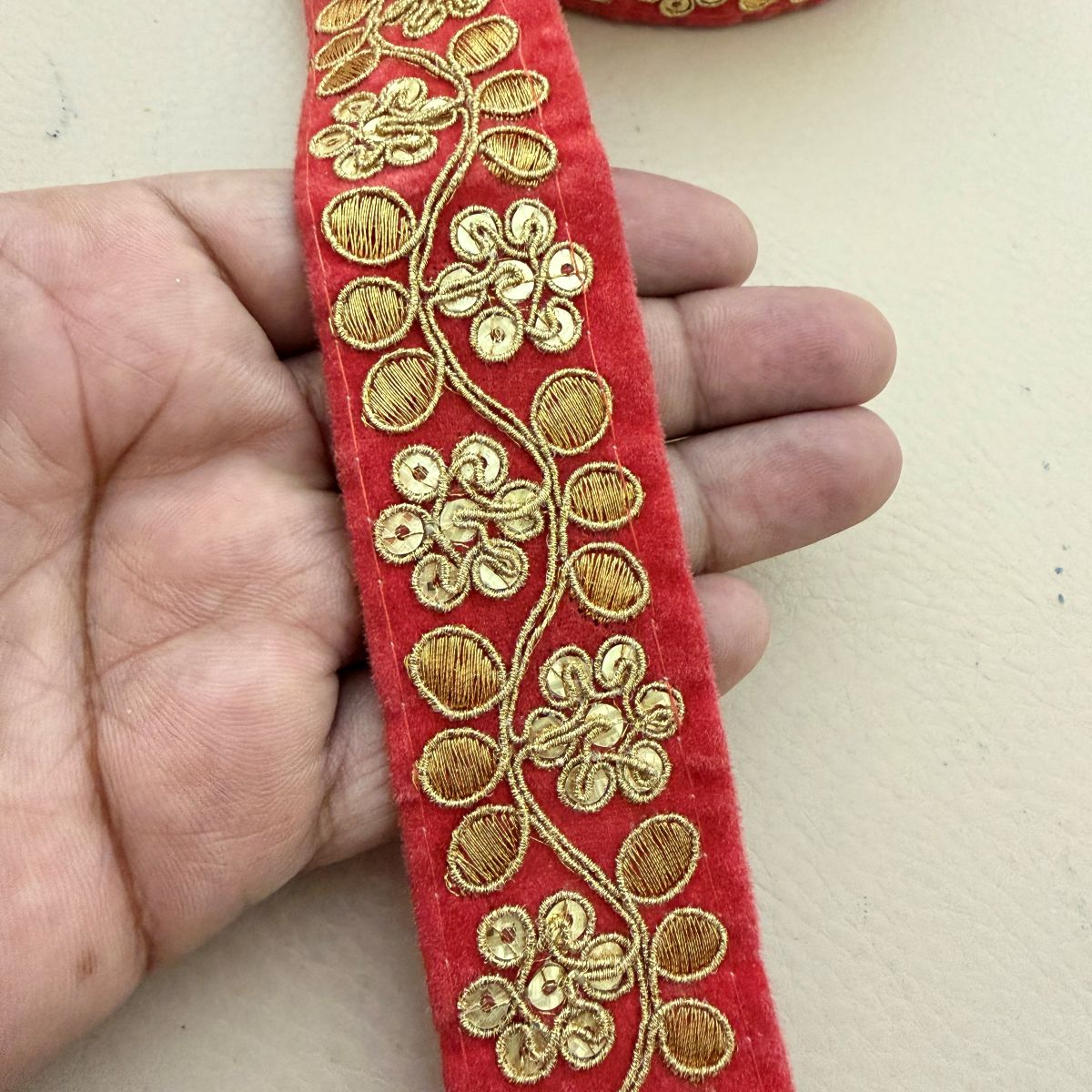 Red Velvet Gold Zari Sequin Floral Lace Trim – 9 Yards Roll