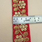Red Velvet Gold Zari Sequin Floral Lace Trim – 9 Yards Roll