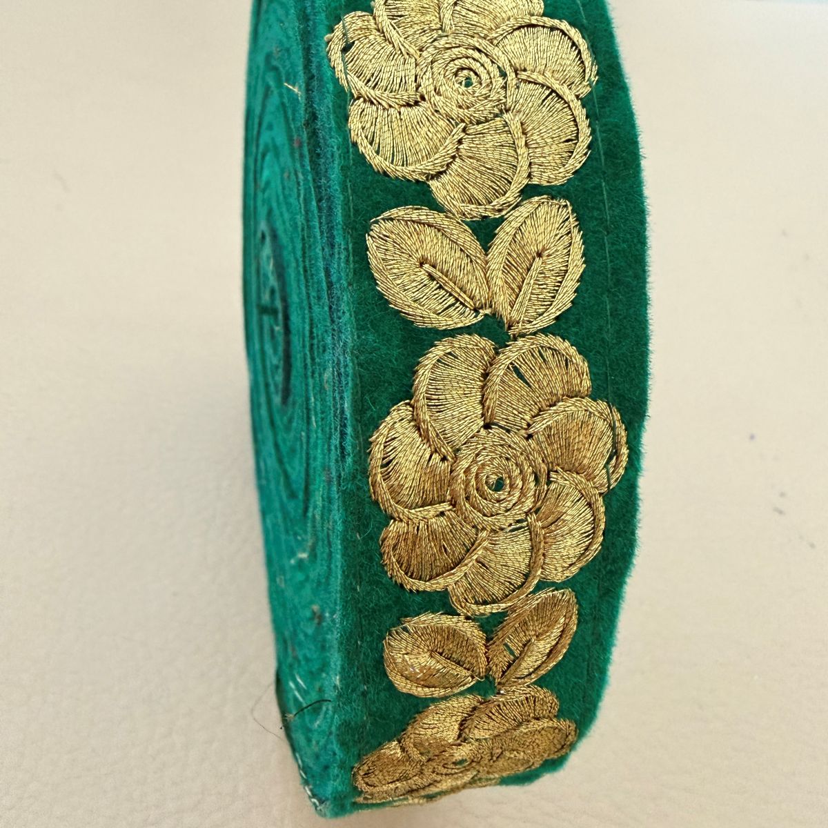Emerald Green Velvet Lace Trim with Gold Zari Rose Embroidery