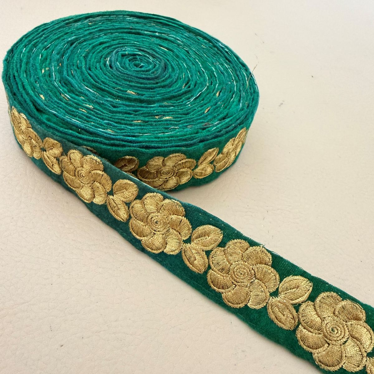 Emerald Green Velvet Lace Trim with Gold Zari Rose Embroidery