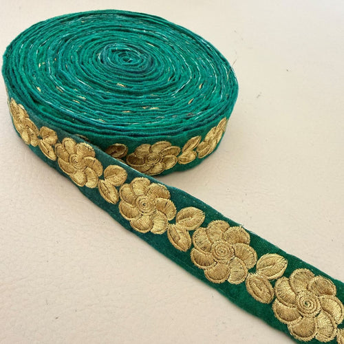 Emerald Green Velvet Lace Trim with Gold Zari Rose Embroidery