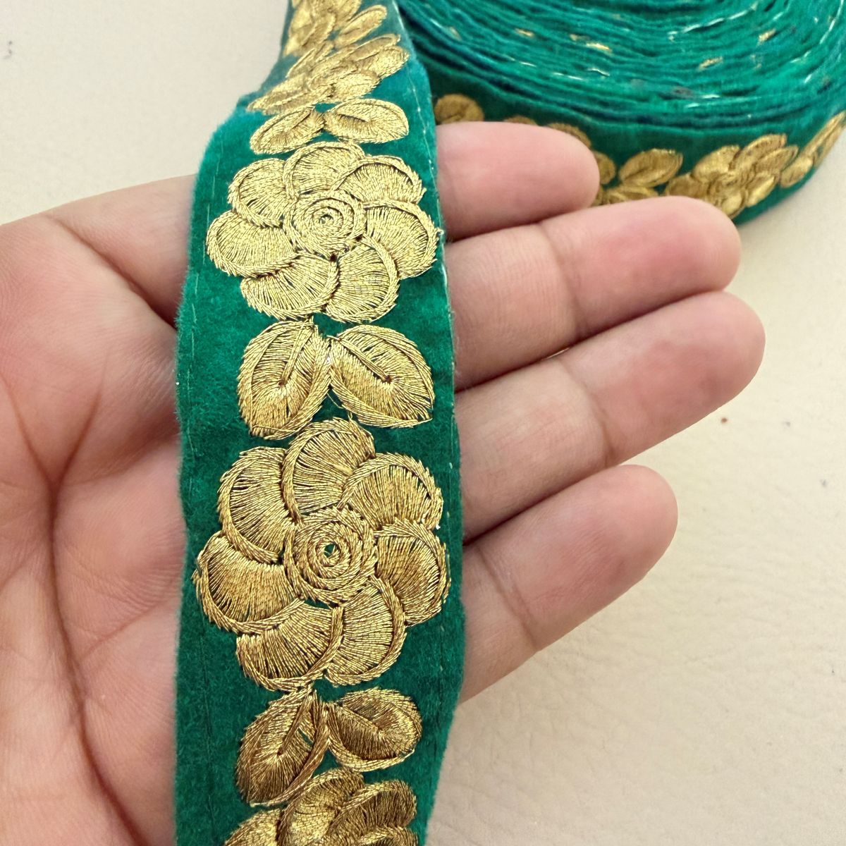Emerald Green Velvet Lace Trim with Gold Zari Rose Embroidery