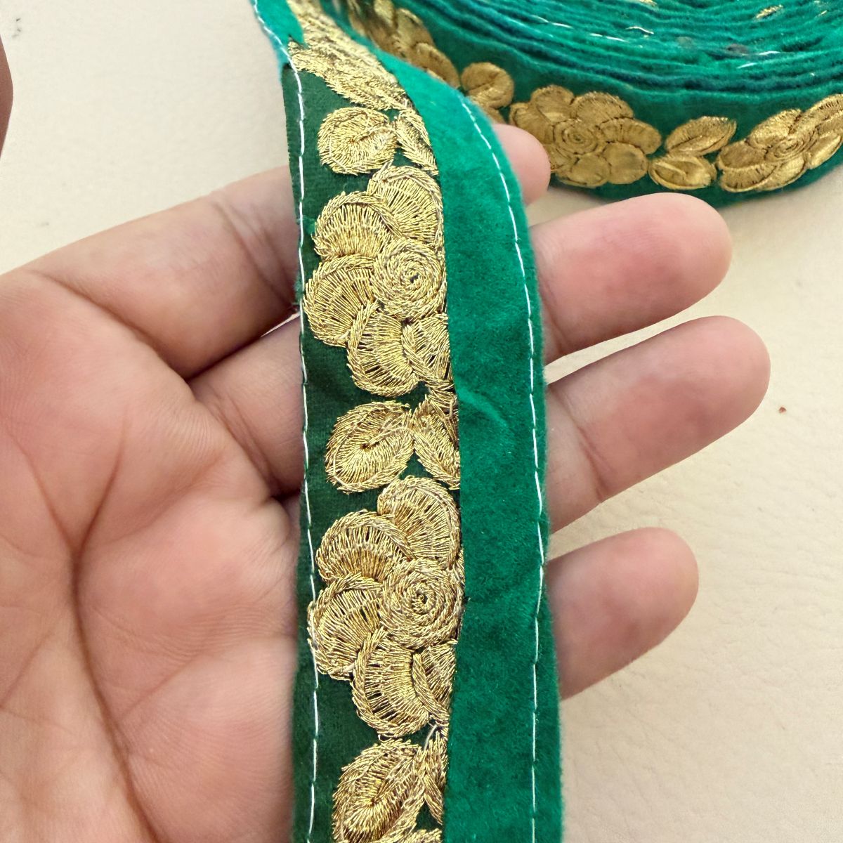 Emerald Green Velvet Lace Trim with Gold Zari Rose Embroidery