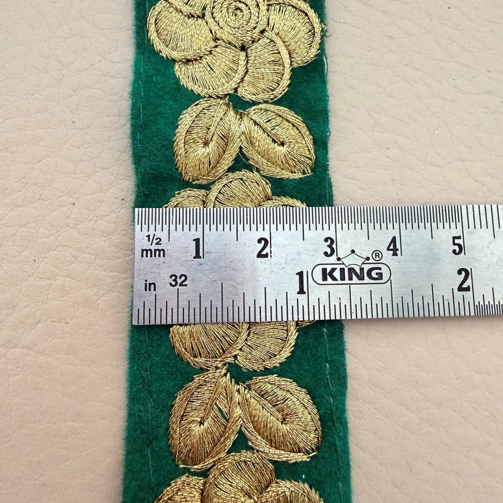 Emerald Green Velvet Lace Trim with Gold Zari Rose Embroidery