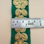 Emerald Green Velvet Lace Trim with Gold Zari Rose Embroidery