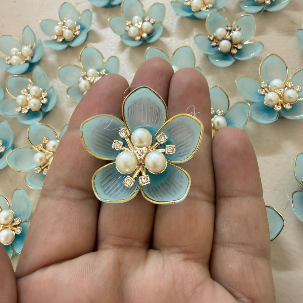 Sky Blue with Gold Floral Pearl Applique Patches – Pack of 10 Pcs