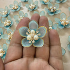 Sky Blue with Gold Floral Pearl Applique Patches – Pack of 10 Pcs
