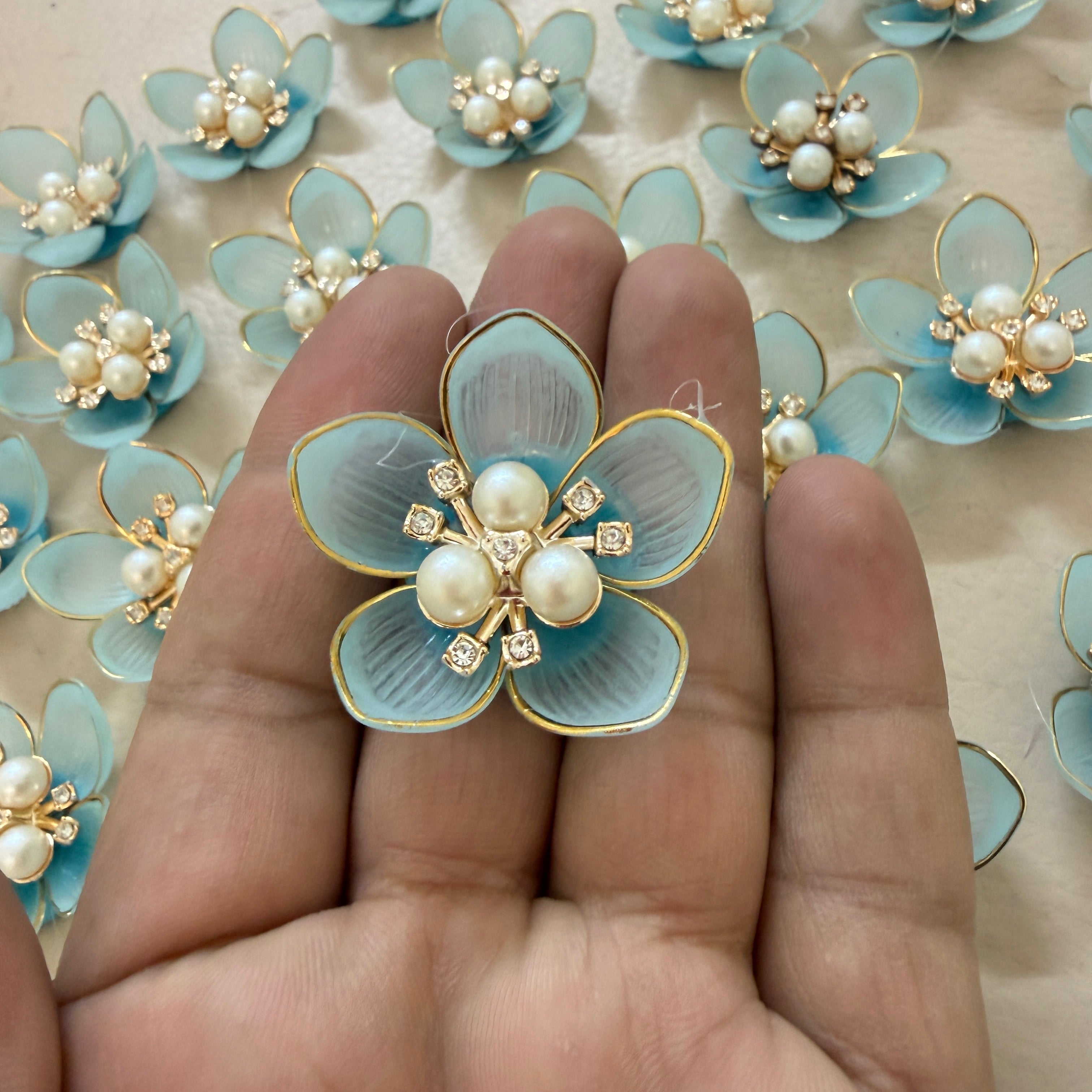 Sky Blue with Gold Floral Pearl Applique Patches – Pack of 10 Pcs