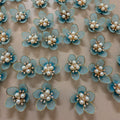 Sky Blue with Gold Floral Pearl Applique Patches – Pack of 10 Pcs