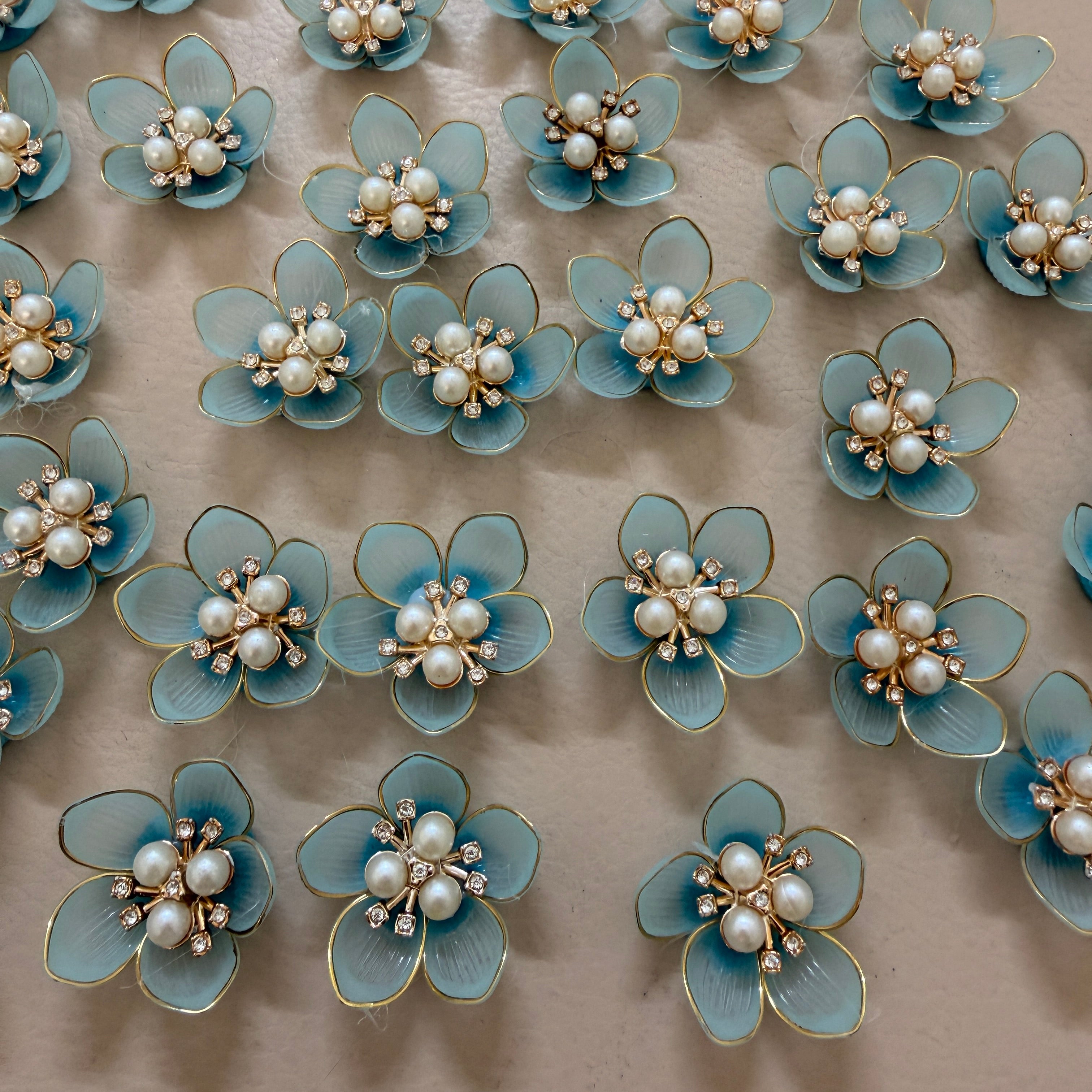 Sky Blue with Gold Floral Pearl Applique Patches – Pack of 10 Pcs